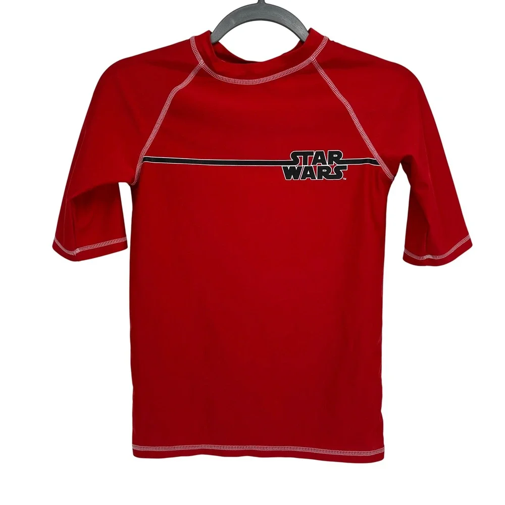 Star Wars Boys Rash Guard Swim Shirt Size Large Red Short Sleeve Swim Top Logo
